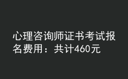 心理咨询师证书考试报名费用：共计460元/人（不含培训费）