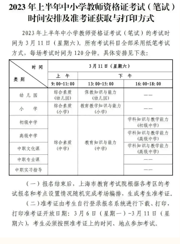 上海：2023年上半年中小学教师资格考试（笔试）报名公告